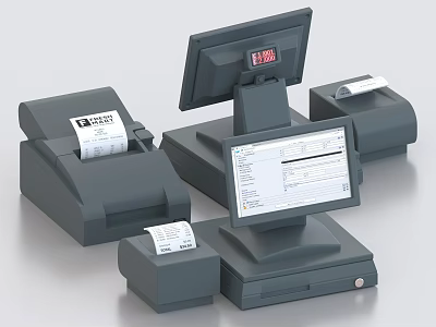 Professional Commercial POS Equipment System With Cash Register Touch Screen And Receipt Printers 3d model
