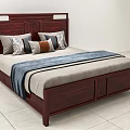Mahogany Double Bed With Carved Headboard Light Colored Sheets And Blue Bed Runner 3d model
