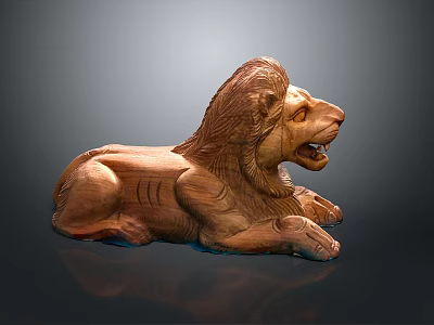 Wooden Lion Sculpture Featuring Detailed Mane Lying Posture And Intricate Body Texture 3d model