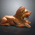 Wooden Lion Sculpture Featuring Detailed Mane Lying Posture And Intricate Body Texture