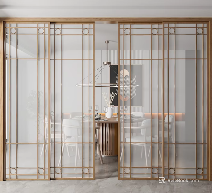 Modern Sliding Doors With Golden Frame Glass Design For Dining Room Interior 3d model 