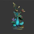 Cartoon Scene With Pink Flowers Blue Vase Green Leaves And Decorative Base