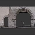 Cartoon Scene Of Ancient Building Model With Arched Doorway Stone Structure Steps And Brown Base