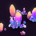 Vibrant Crystal Rocks And Wooden Elements With Tiny Pink Creatures In Dark Setting 3d model