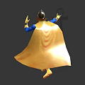 Dynamic Superhero Character in Blue Costume With Golden Helmet And Yellow Cape Spreading Arms
