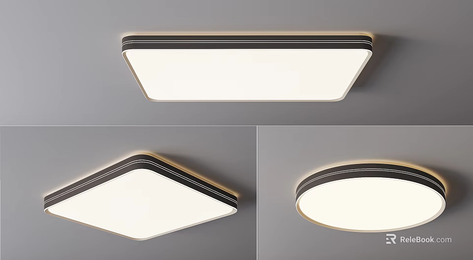 Modern Minimalist Ceiling Light with Square Round Shapes Black Gold Trim and White Panel 3d model 