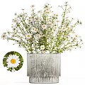 Elegant Decorative Ornament Set with Fresh White Daisies in Silver Striped Vase