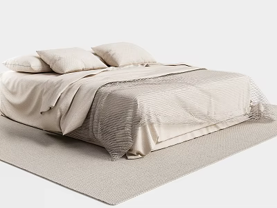 Minimalist Double Bed with Beige Bedding Soft Pillows and Cozy Blanket 3d model