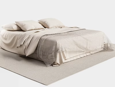 Minimalist Double Bed with Beige Bedding Soft Pillows and Cozy Blanket 3d model