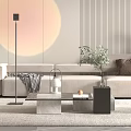 Modern Living Room Interior With Beige Sofa Brown Pillows Round Wall Decor And Floor Lamp