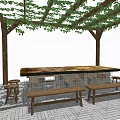 Outdoor Pergola With Vines Covering And Wooden Table Benches On Paved Floor