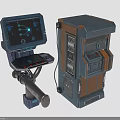 Futuristic Mechanical Arm Equipment With Digital Screen Interface And Wooden Metal Console Panels