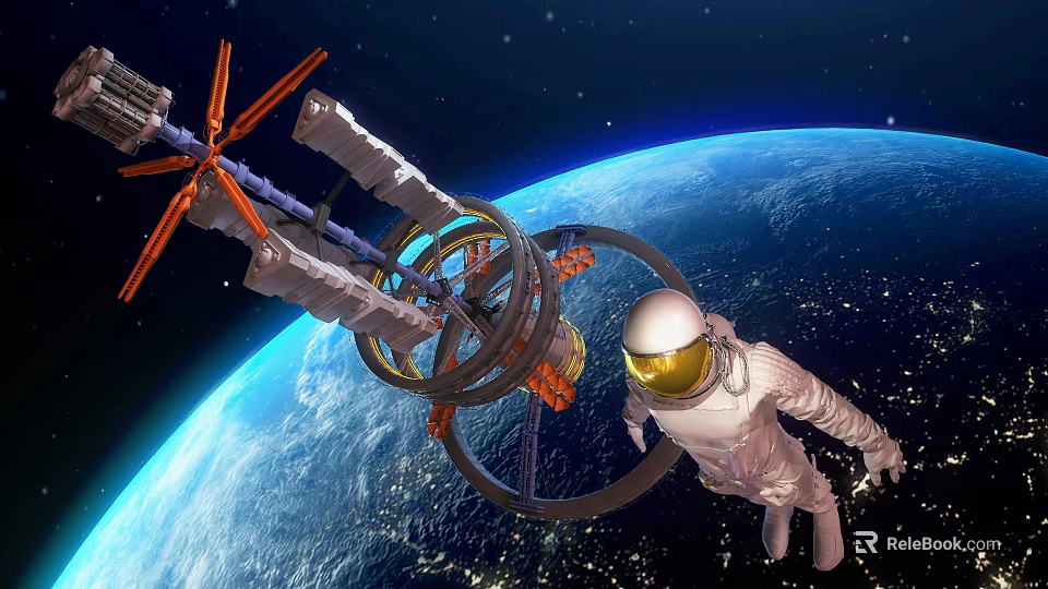Astronaut Floating Near Large Orbital Space Structure Above Earth In Space 3d model