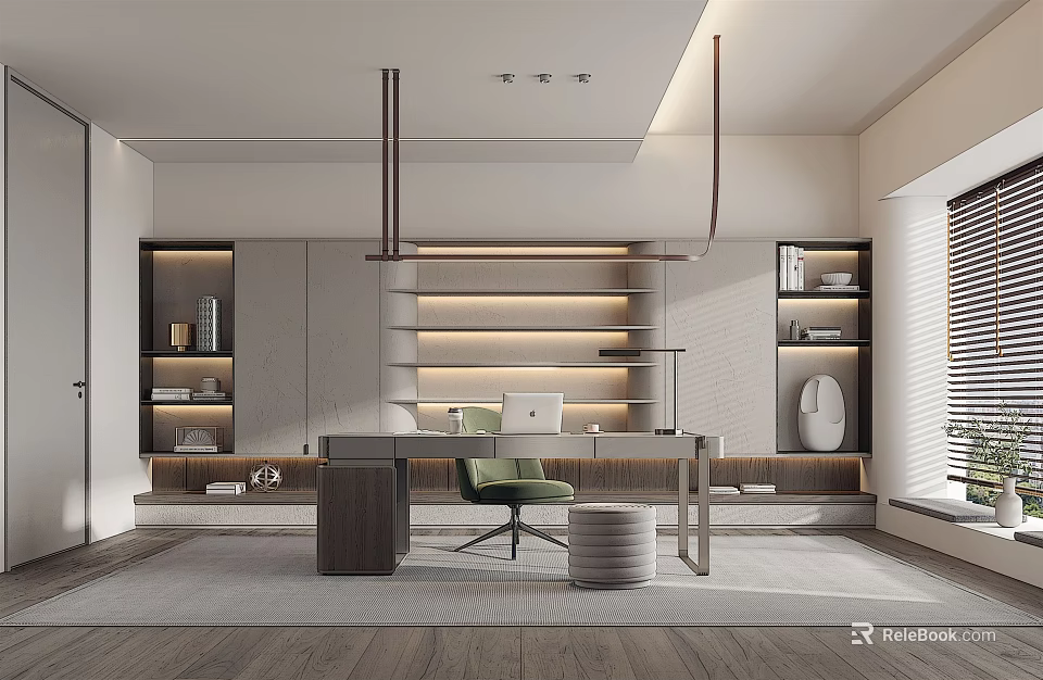 Modern Study Room Interior With Built in Shelves Wooden Desk And Green Office Chair 3d model 