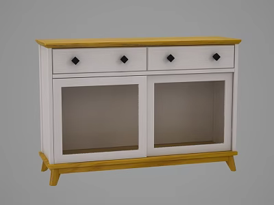 Modern White Sideboard with Wooden Frame Drawers Glass Doors and Black Knobs 3d model