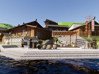 Chinese style folk house rural landscape sketch model