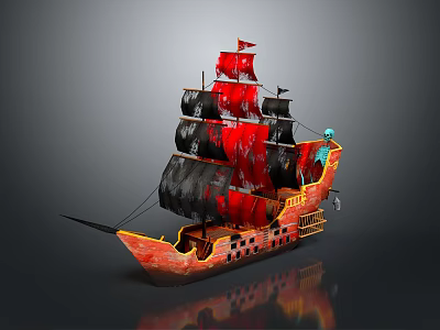 Vibrant Sailing Ship With Red Black Sails And Orange Hull Decorative Details 3d model