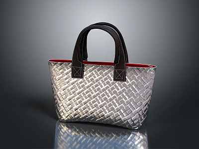 Silver Woven Handbag With Black Handles And Red Interior Lining 3d model