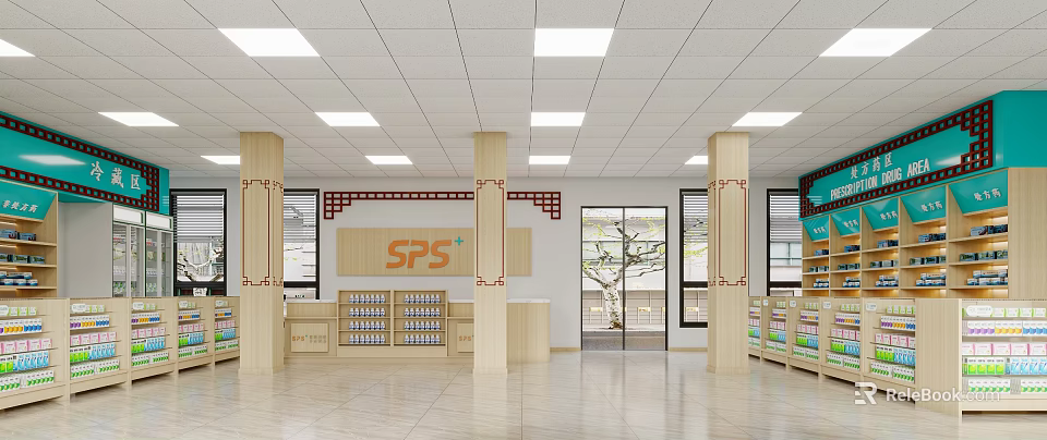 Modern Pharmacy Interior With SPS Sign Wooden Pillars Shelves Ceiling Lights And Glass Door 3d model 