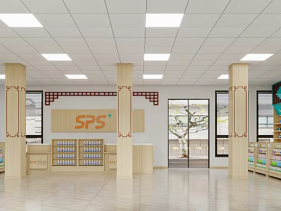 Modern Pharmacy Interior With SPS Sign Wooden Pillars Shelves Ceiling Lights And Glass Door 3d model