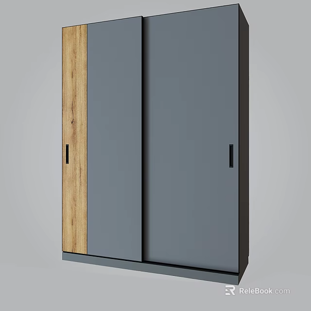 Modern Minimalist Wardrobe With Gray Sliding Doors Wooden Accents And Black Handles 3d model 