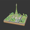Eiffel Tower Architecture with Square Platform and Lush Green Trees 3d model