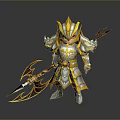 The Man Warrior In Golden Silver Armor With Decorated Helmet And Spear