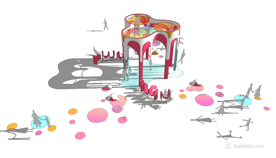 Modern Pink And White Pergola Design With Colorful Circular Seats In Public Area 3d model 