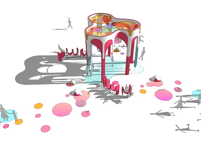 Modern Pink And White Pergola Design With Colorful Circular Seats In Public Area 3d model