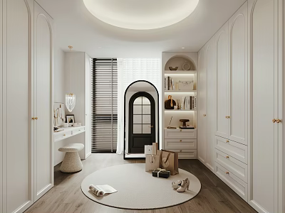 White Walk in Closet Interior With Wardrobes Dressing Table Round Rug Arched Door And Blinds 3d model