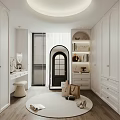 White Walk in Closet Interior With Wardrobes Dressing Table Round Rug Arched Door And Blinds