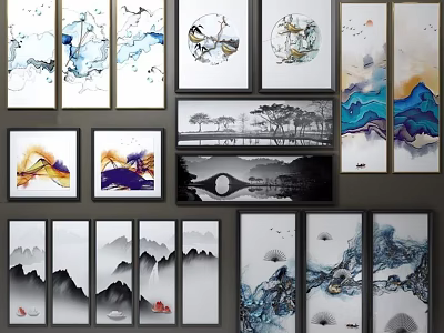 Diverse Landscape Paintings Featuring Mountain Water Ink Trees And Abstract Designs 3d model