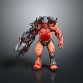 Horned Warrior Creature With Armored Shoulders And Muscular Red Body Holding Weapon