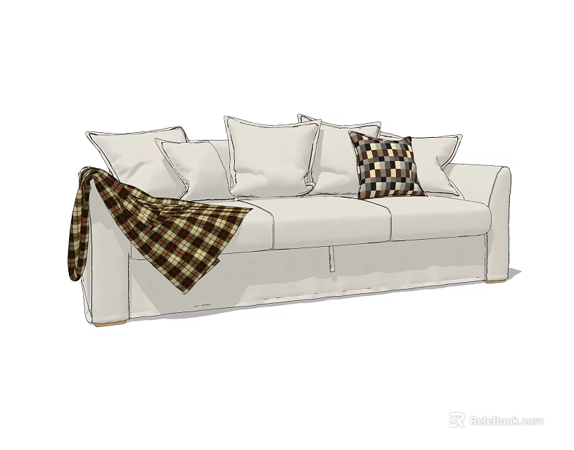 White Three Seater Sofa With Checkered Blanket And Decorative Pillows 3d model