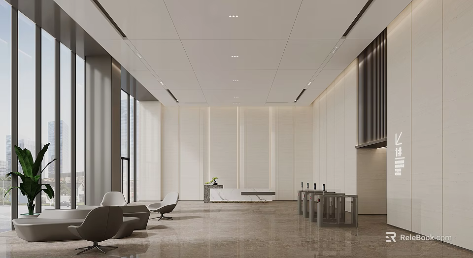 Modern Open Public Office Area with Large Windows White Walls Gray Sofas and Tables 3d model 