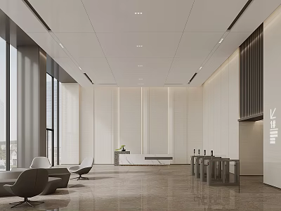 Modern Open Public Office Area with Large Windows White Walls Gray Sofas and Tables 3d model