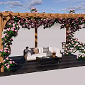 Wooden Pergola Covered With Pink Flowers And White Sofa On Wooden Deck