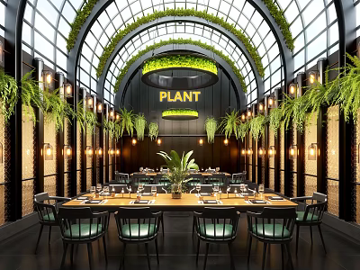 Plant Themed Restaurant Interior With Arched Glass Roof Greenery Dining Table Chairs And Warm Lights 3d model