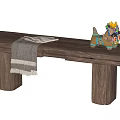 Rustic Wooden Bench with Gray Blanket White Cloth and Colorful Decorative Item on Seat