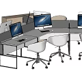 Modern Office Desk Setup With Multiple Monitors White Chairs And Partition Panels