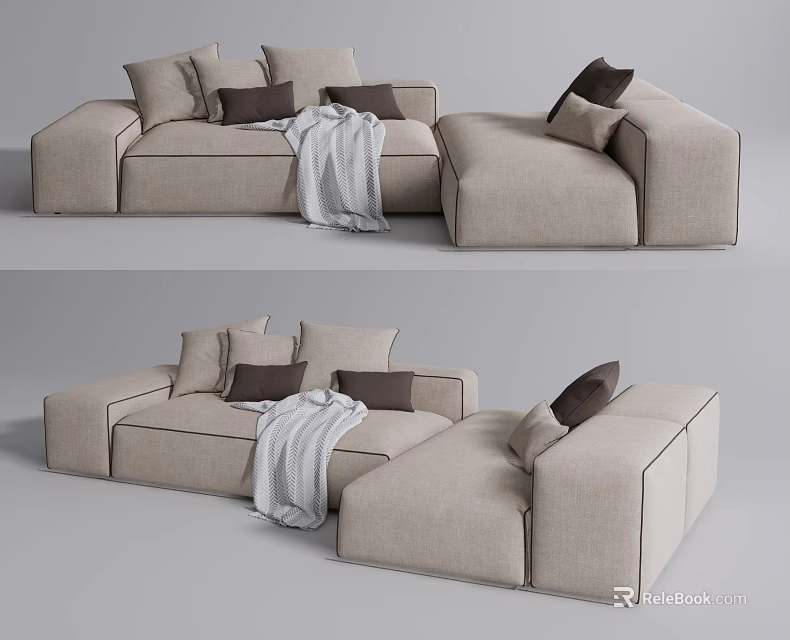 Beige Sectional Sofa With Multiple Cushions And Gray Blanket Modern Design 3d model