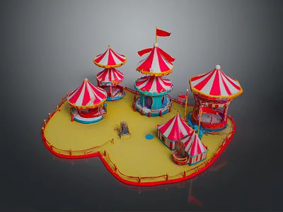 Vibrant Amusement Park Scene With Heart Shaped Area Red White Striped Tents Carousel And Flags 3d model