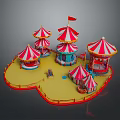 Vibrant Amusement Park Scene With Heart Shaped Area Red White Striped Tents Carousel And Flags