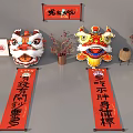 Inflatable Lion Dance Figures With Red Couplets And Festive Chinese New Year Decorations