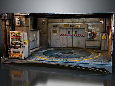 Cartoon Industrial Scene With Vending Machine Metal Doors And Yellow Circular Floor Lines 3d model