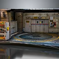 Cartoon Industrial Scene With Vending Machine Metal Doors And Yellow Circular Floor Lines