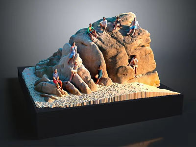 3D Rock Formation Model With People Climbing On Gravel Base And Black Pedestal 3d model