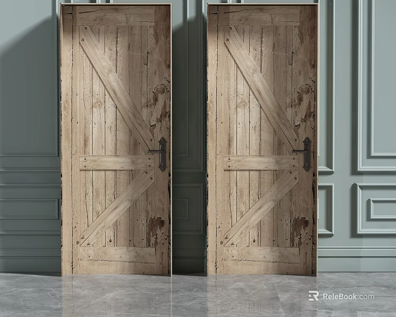 Rustic Wooden Hinged Doors With Cross Pattern And Black Handles On Grey Wall 3d model