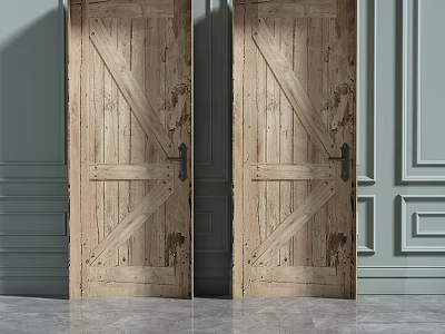 Rustic Wooden Hinged Doors With Cross Pattern And Black Handles On Grey Wall 3d model