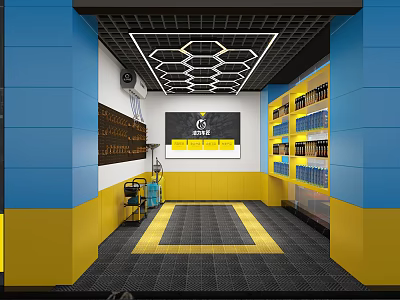 4S Shop Interior With Blue Yellow Walls Hexagonal Ceiling Lights Display Shelves And Tools 3d model